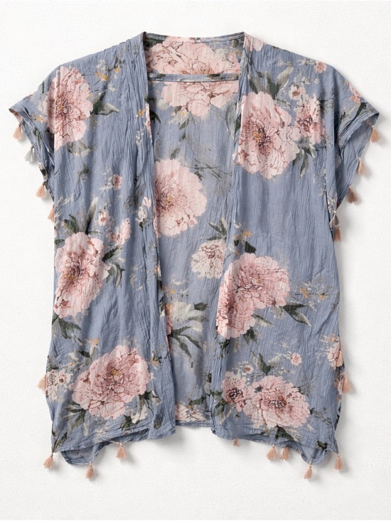 Tops - Lightweight Floral Open Front Caftan Tassels Coverup